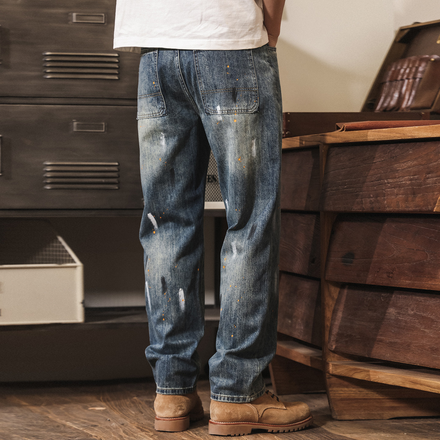 美式復古高街水洗潑墨牛仔褲男士春季潮牌新款寬鬆直筒休閒長褲子