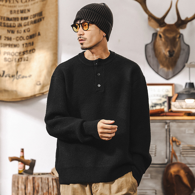美式復古630g重磅毛衫男冬季亨利領毛衣加厚針織衫外套秋冬款毛衣