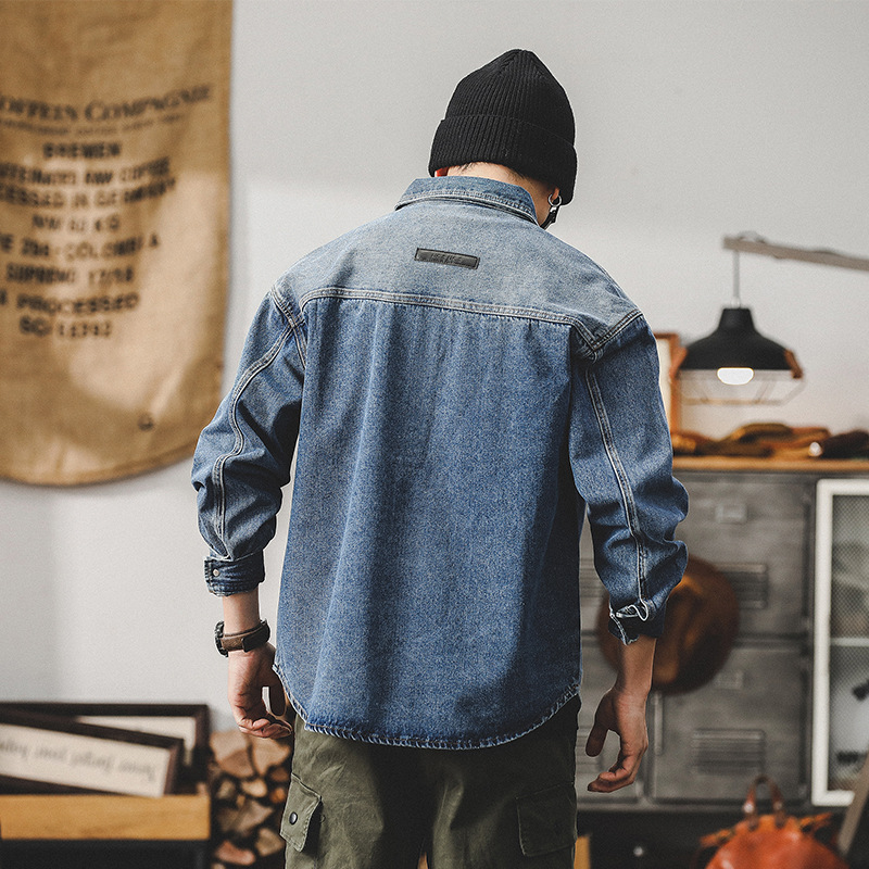 春季新款牛仔外套男春秋款潮牌高級感痞帥工裝夾克設計款長袖襯衫