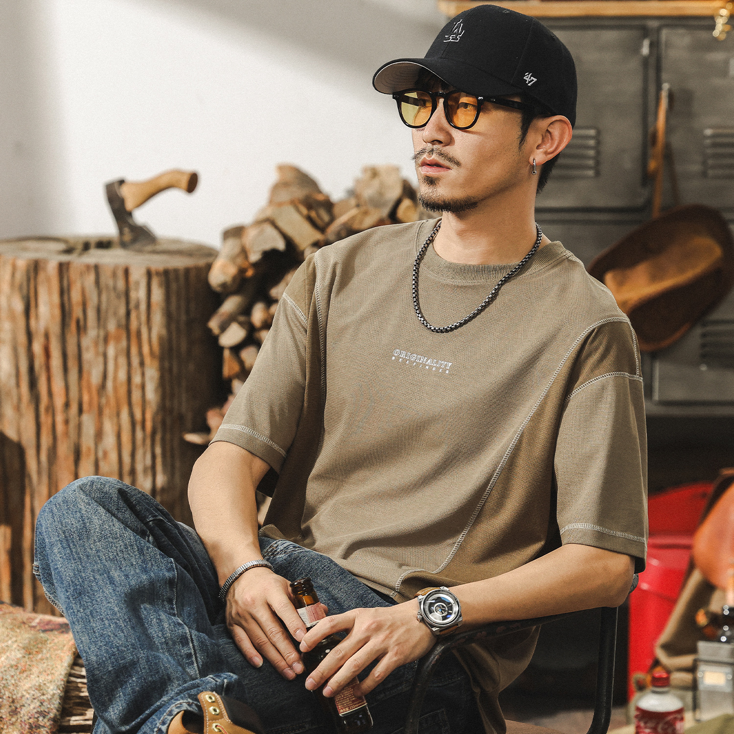 萊賽爾天絲卡其色夏季T恤男寬鬆透氣短袖男款潮牌撞色大碼上衣男