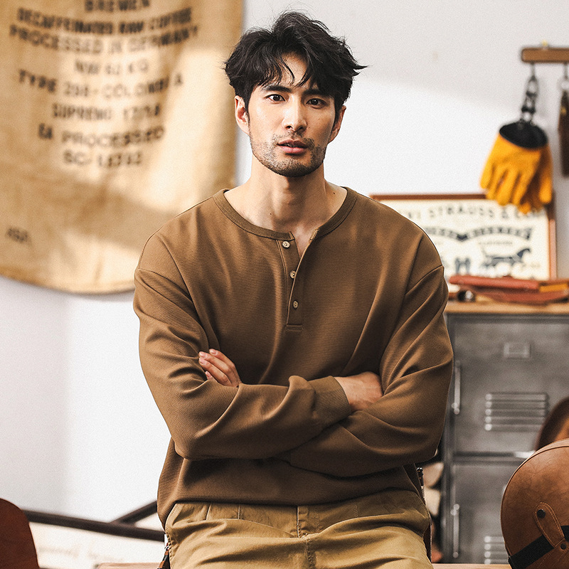 美式復古330g重磅T恤男長袖秋季潮牌2024新款硬漢亨利領polo衫男T