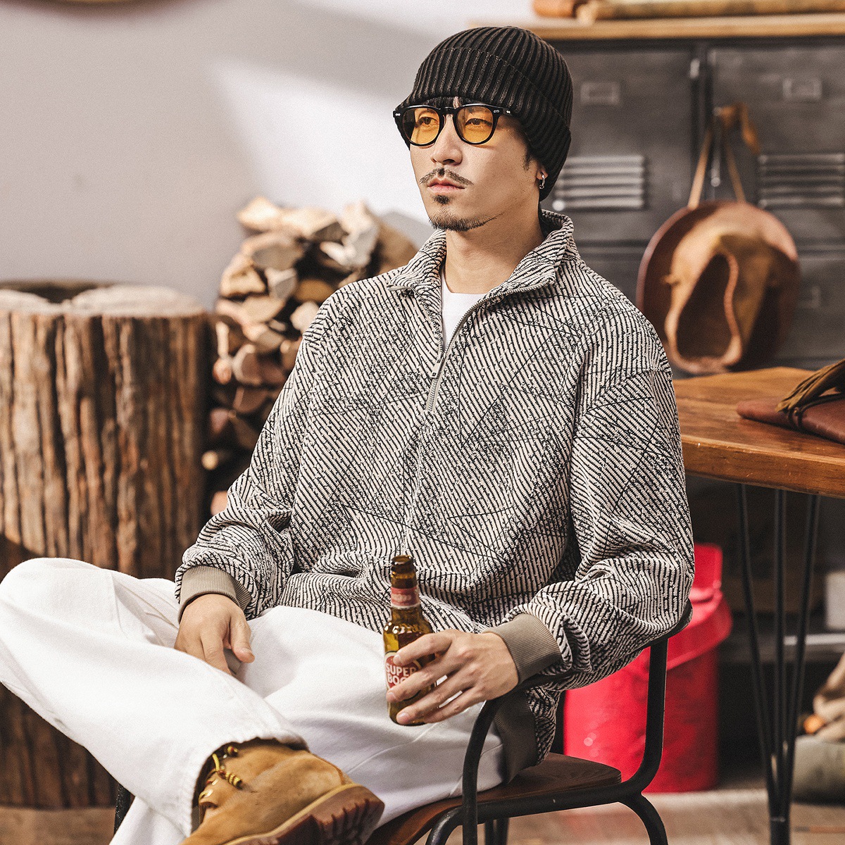 美式復古330g重磅半拉鏈男士衛衣春秋2025新款潮流提花寬鬆上衣男