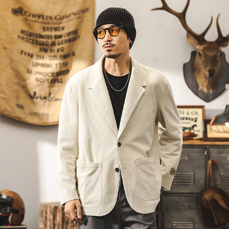 美式復古燈芯絨西裝外套男秋季潮牌古著上班通勤英倫紳士商務西服