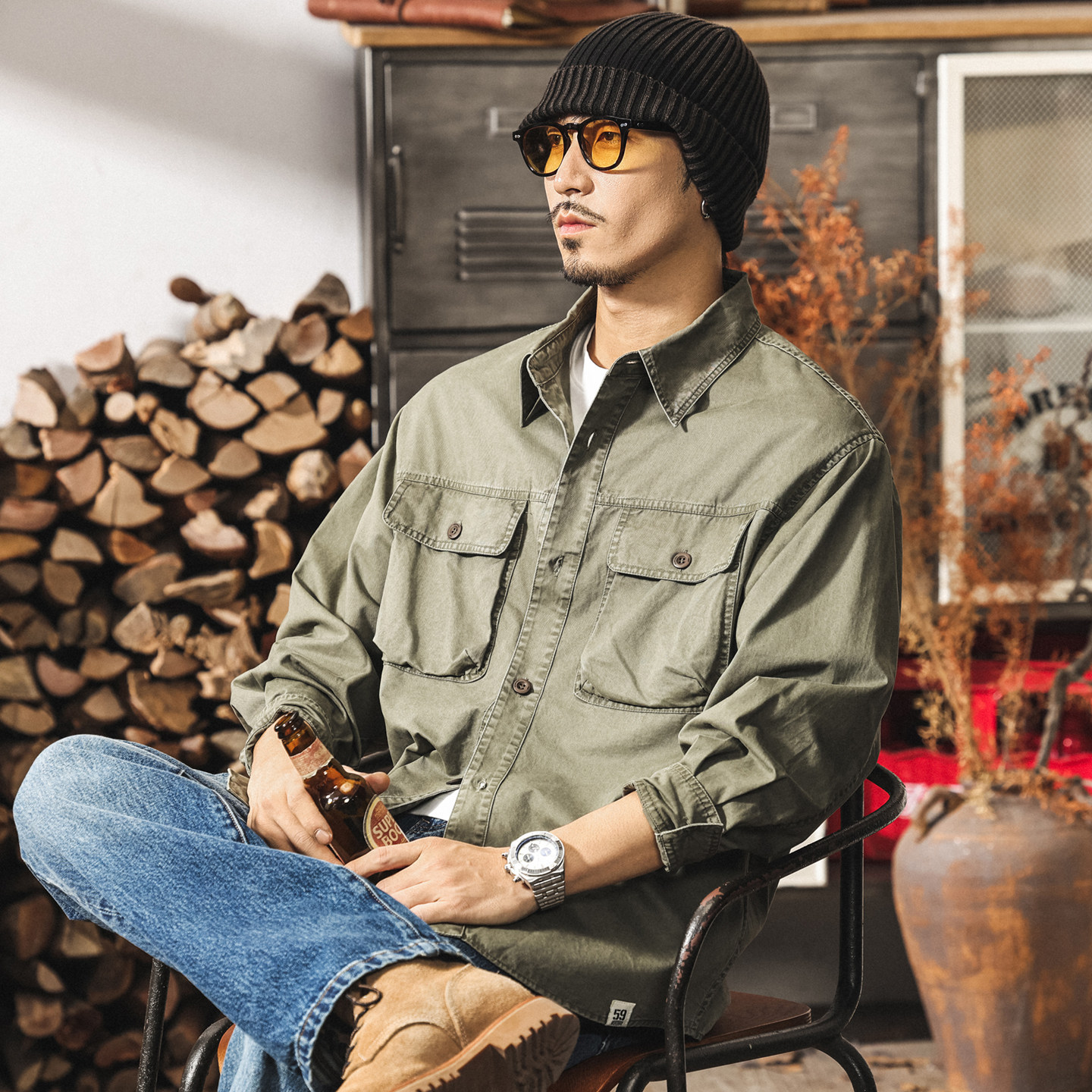 美式復古水洗工裝襯衫男長袖春季新款潮牌重磅寬鬆襯衣外套男