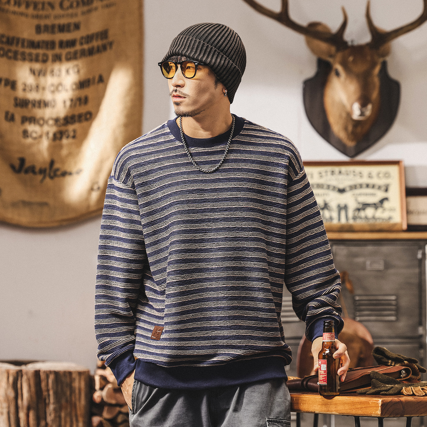 美式復古350g重磅衛衣男秋季新款潮牌肌理條紋海魂寬鬆休閒上衣男