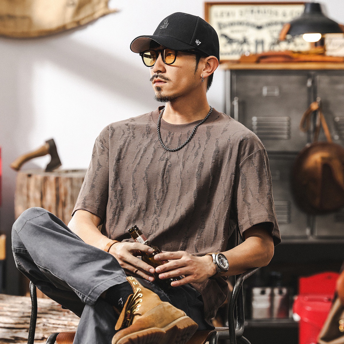 美式痞帥高級感T恤夏季短袖2025新款潮牌高端提花設計感男士上衣