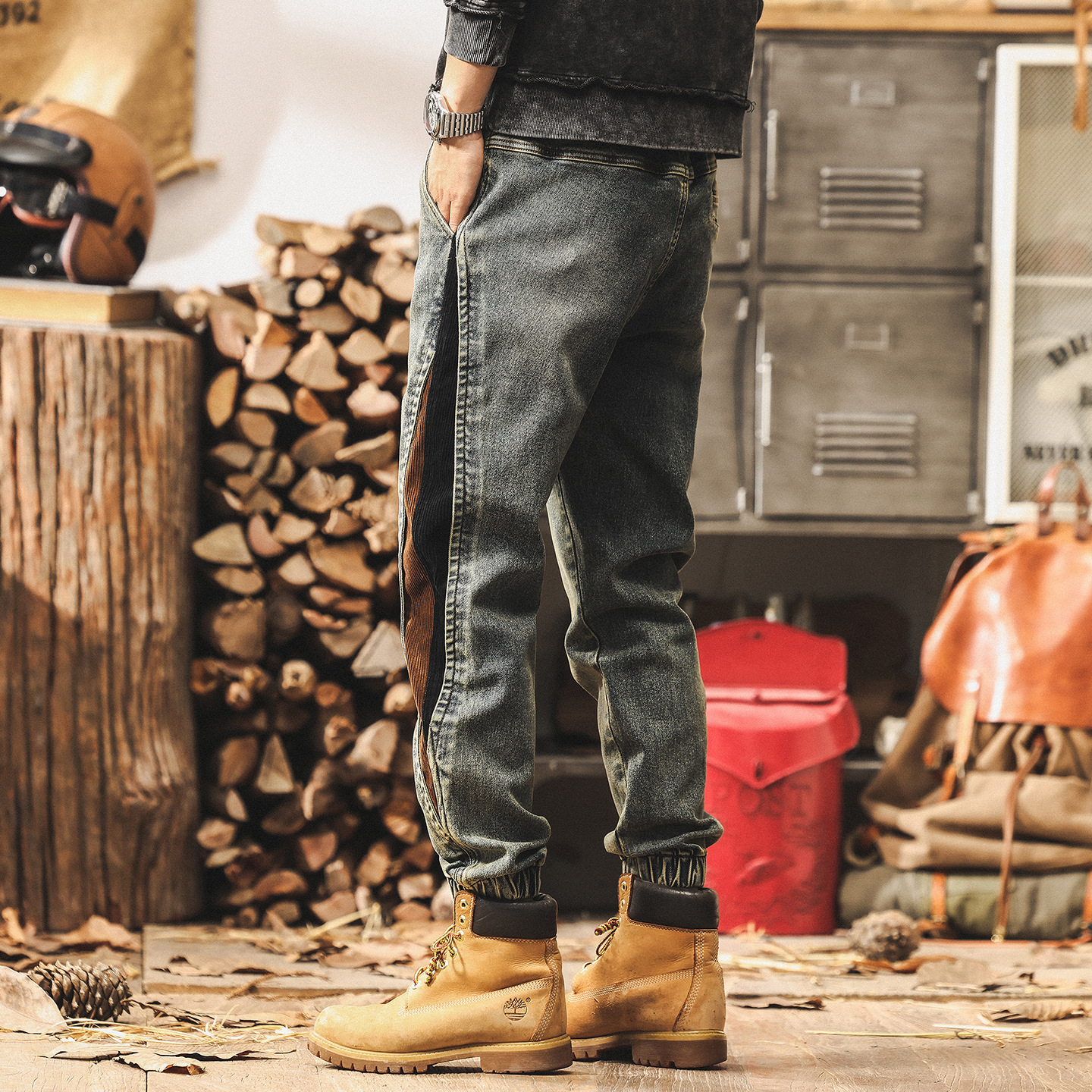 美式復古懷舊拼接撞色牛仔褲男秋季新款潮牌工裝褲子男寬鬆休閒褲