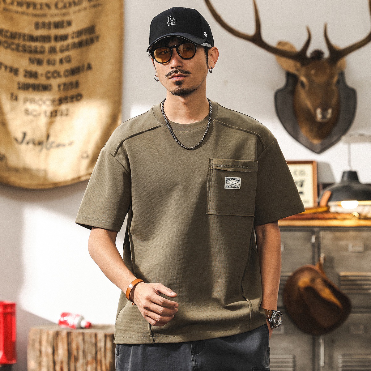 美式重磅250g復古T恤男士短袖夏季潮牌肌理設計感半截袖男裝體恤