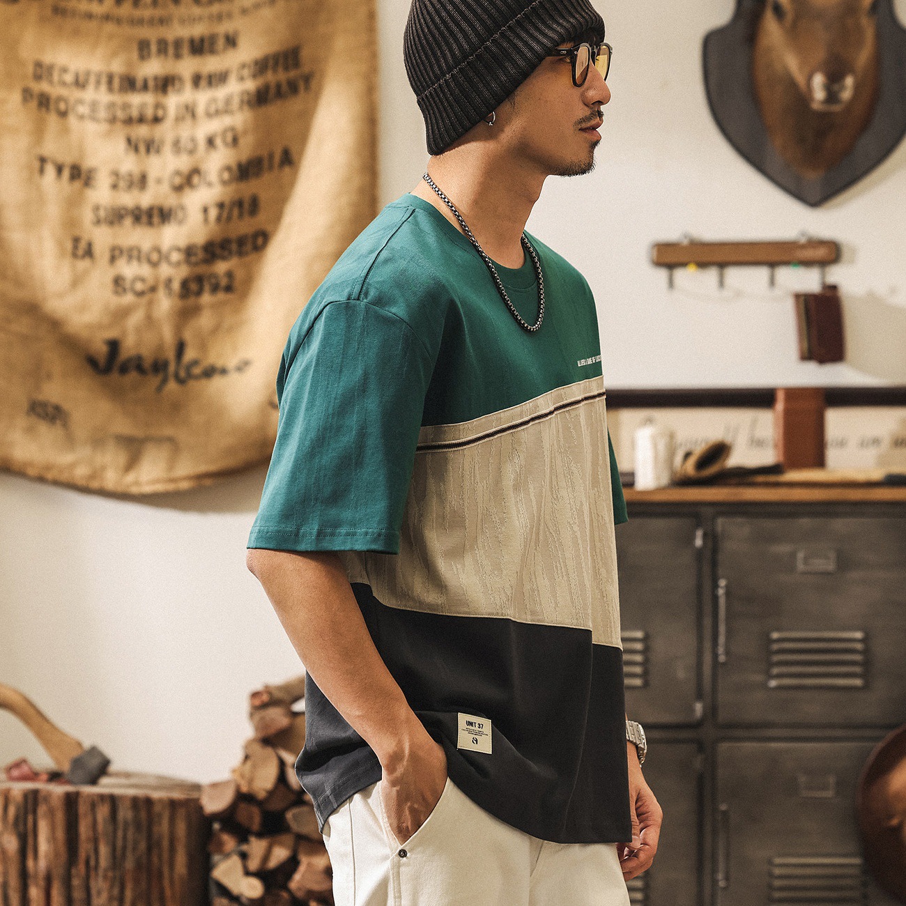 美式復古拼接提花T恤男夏季新款潮流男裝短袖寬鬆休閒上衣男T潮流