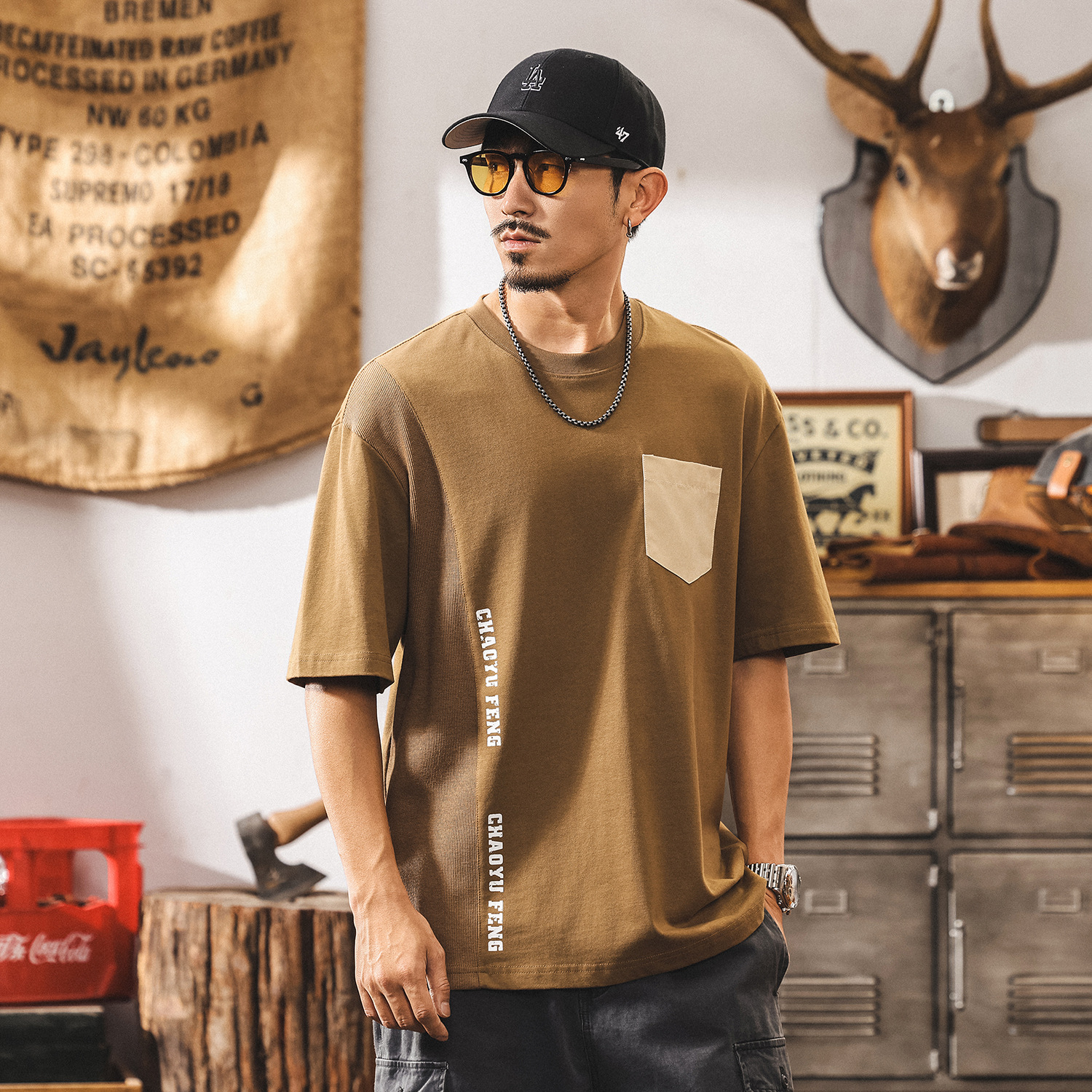 美式潮流短袖男士夏季重磅T恤寬鬆2025新款潮牌拼接大碼休閒上衣T