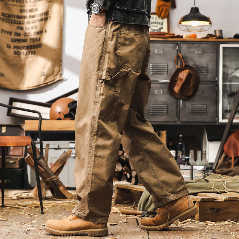 美式復古工裝褲子男直筒阿美咔嘰水洗伐木褲秋季潮牌重磅休閒長褲