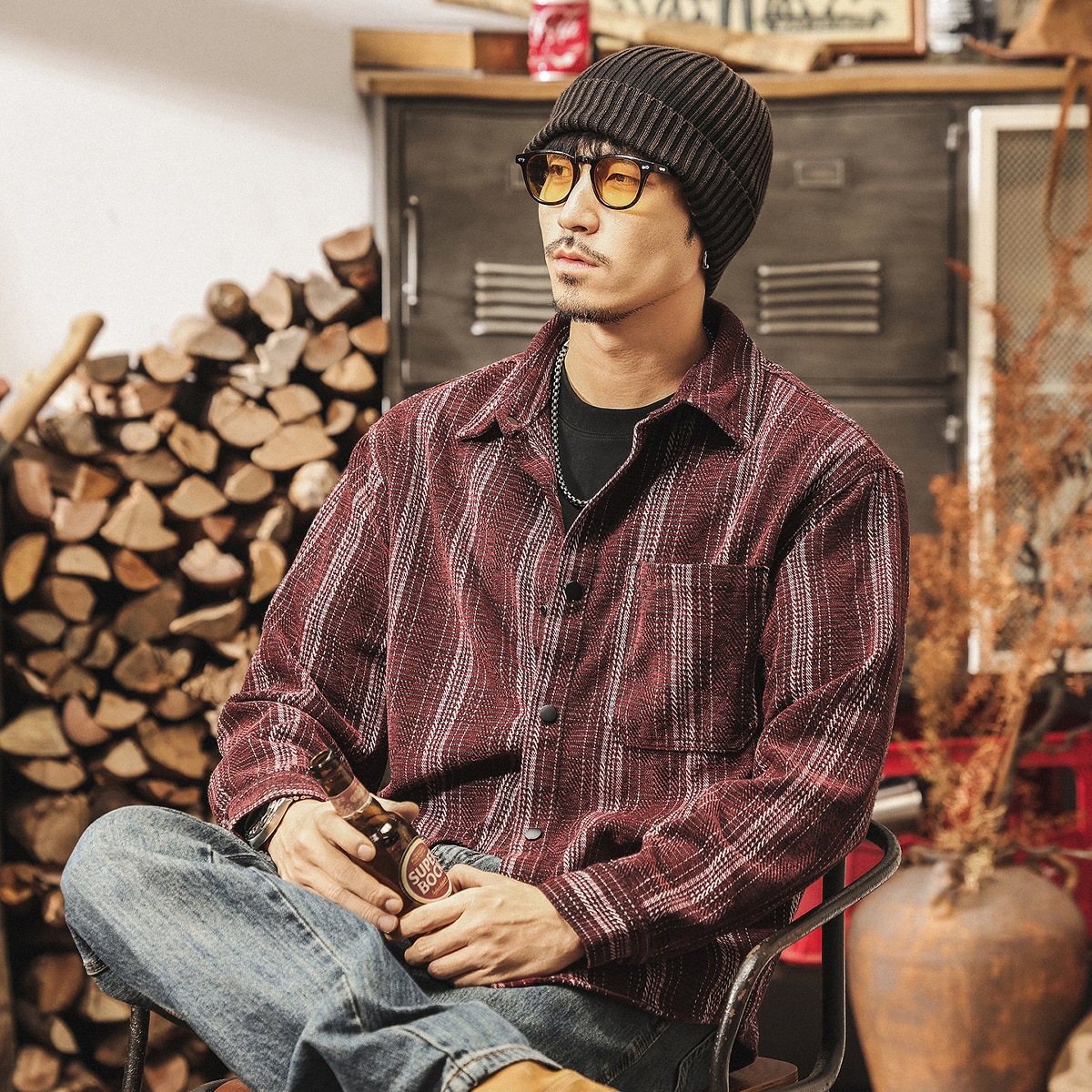 美式復古雪尼爾條紋提花襯衫男春秋新款古着長袖襯衣寬鬆休閒外套