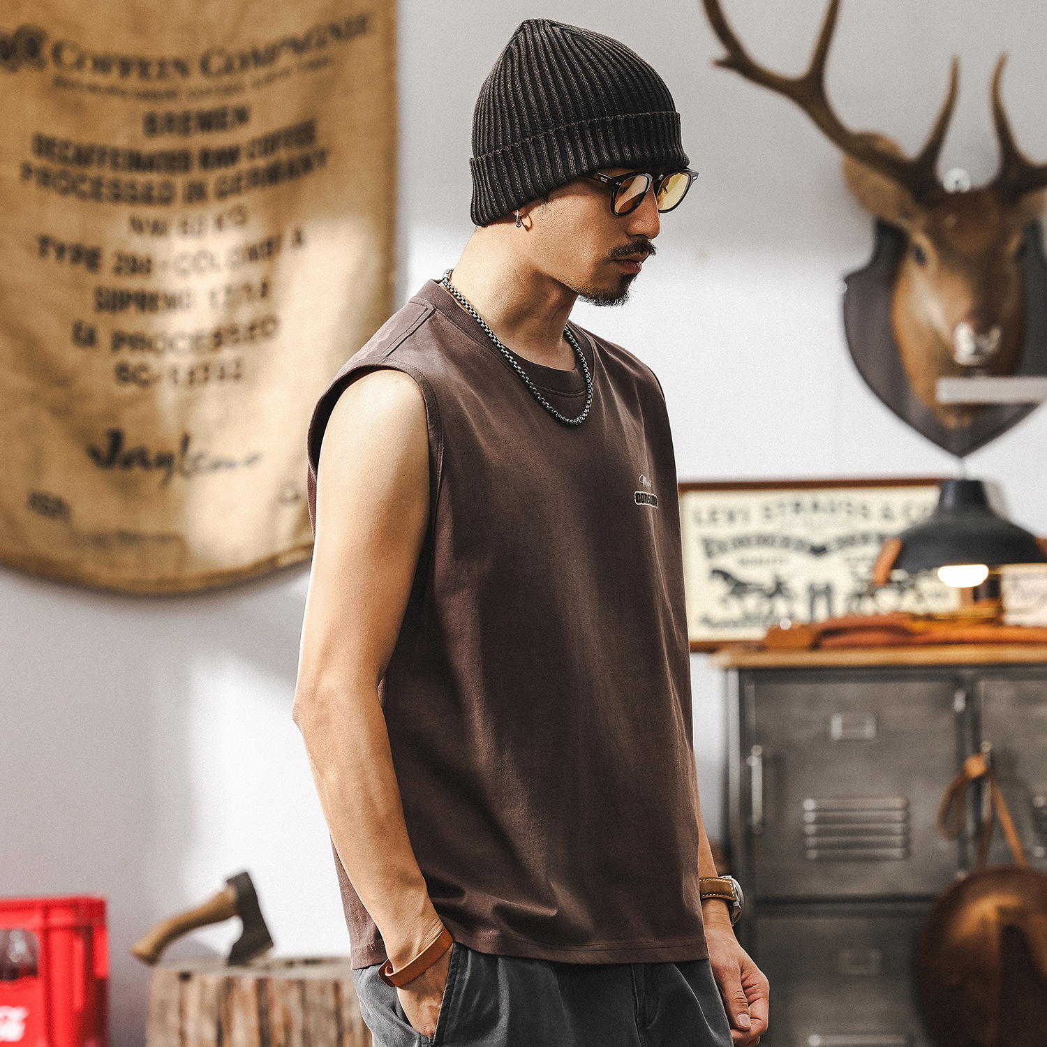 美式復古健身背心男款夏季寬鬆大碼運動重磅T恤男裝坎肩上衣T潮流