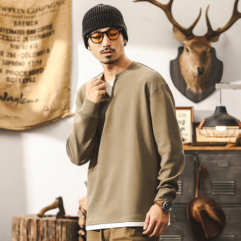 美式復古重磅假兩件長袖T恤男秋季寬鬆簡約百搭雙層V領休閒上衣男