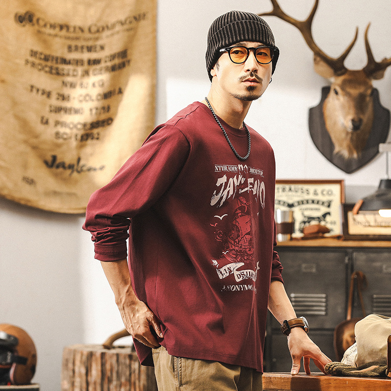 美式復古260g重磅長袖T恤男秋季潮流印花體恤男士酒紅色上衣