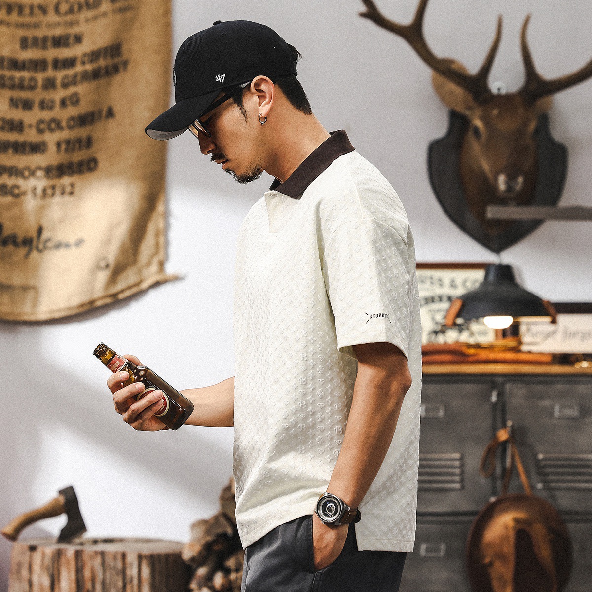 美式復古肌理感提花POLO衫男夏季短袖T恤時尚潮牌寬鬆翻領上衣男