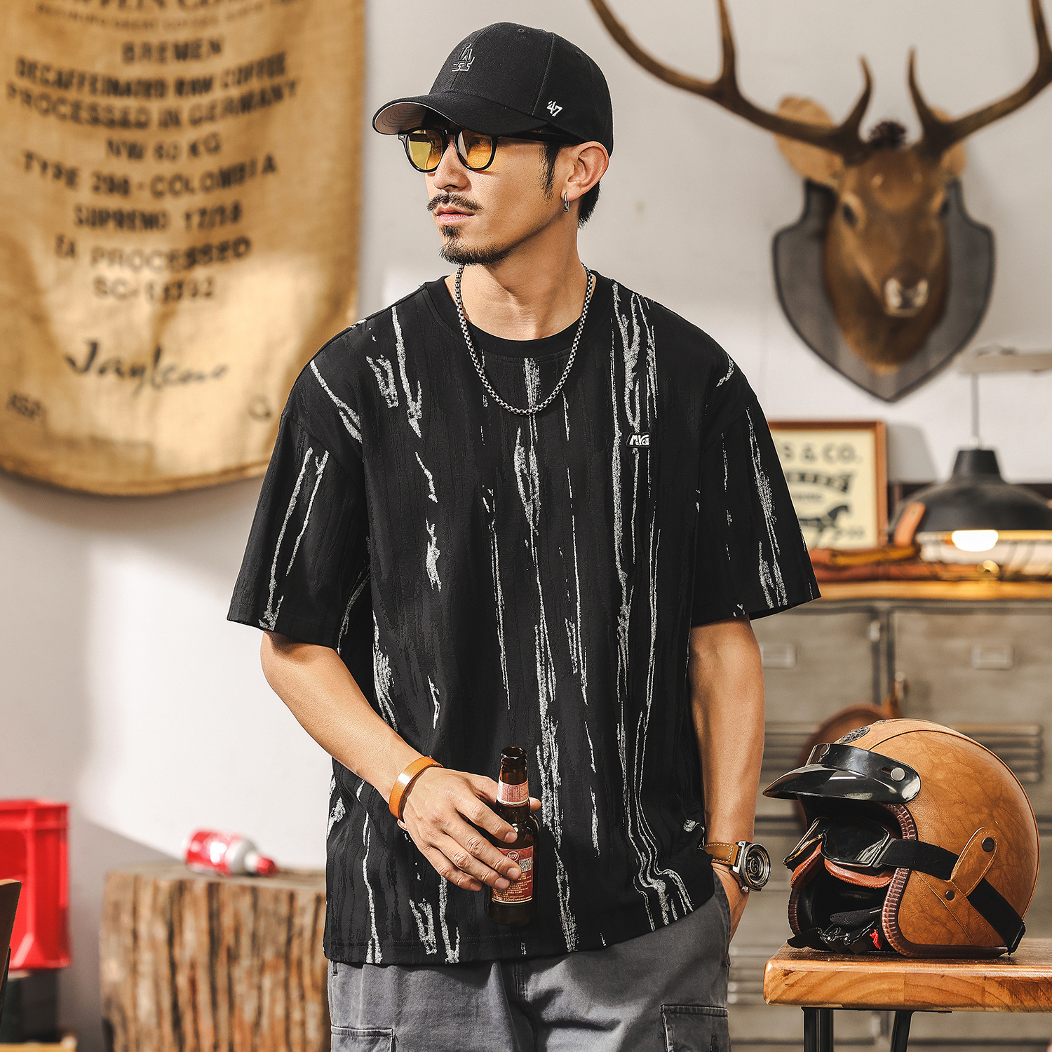 美式復古潮牌提花短袖T恤男夏季2025新款潮流高級感痞帥寬鬆上衣