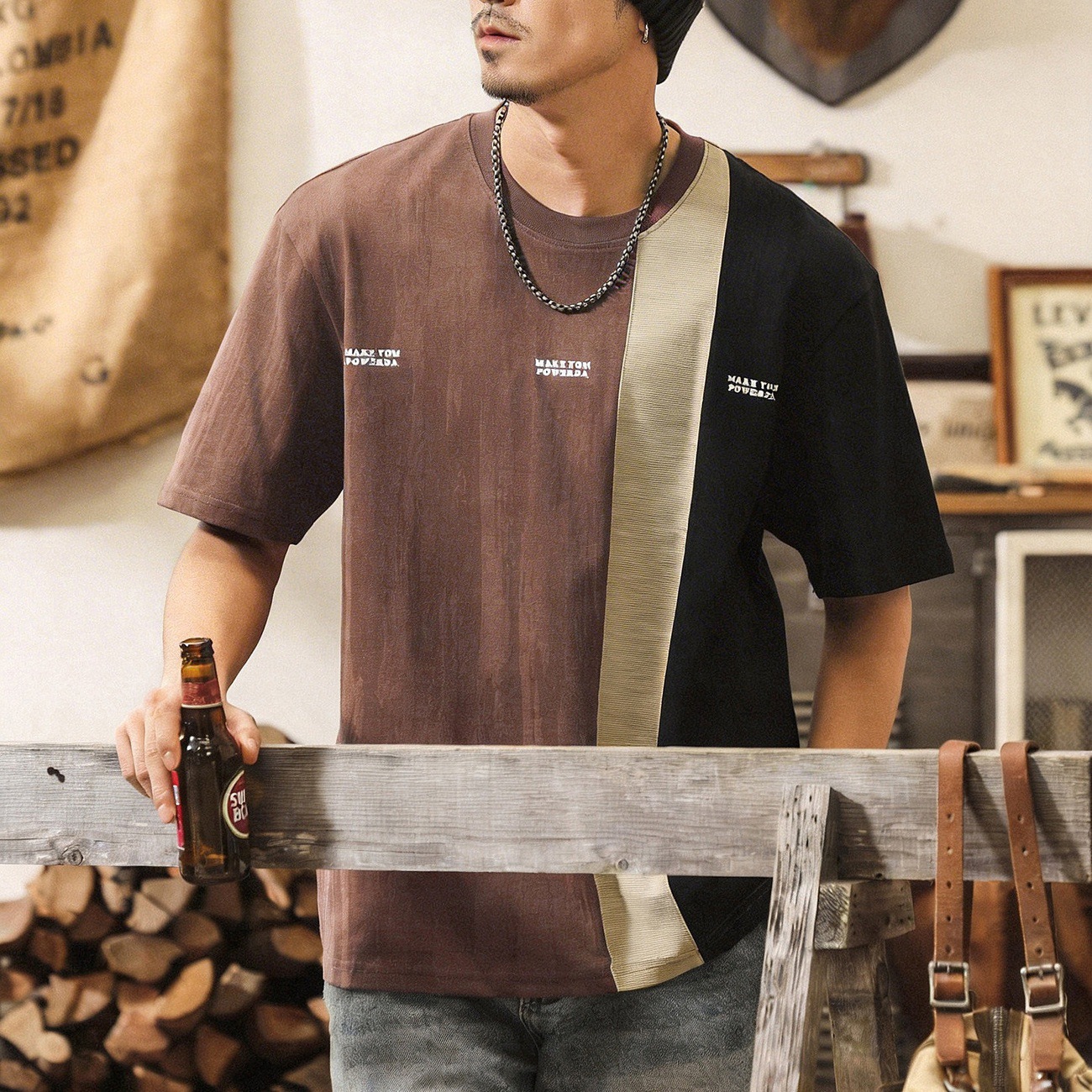 美式復古潮牌拼接撞色短袖男夏季2026新款重磅T恤男寬鬆上衣