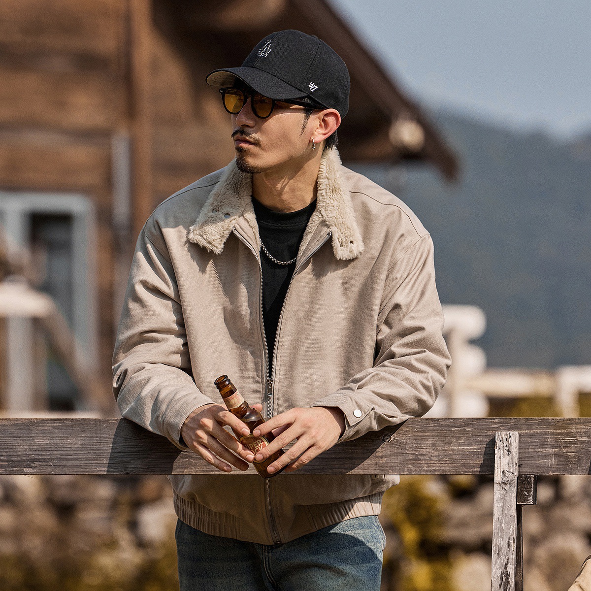 美式復古軟糯仿兔絨加厚棉服外套男冬季保暖毛領加絨棉襖男士棉衣