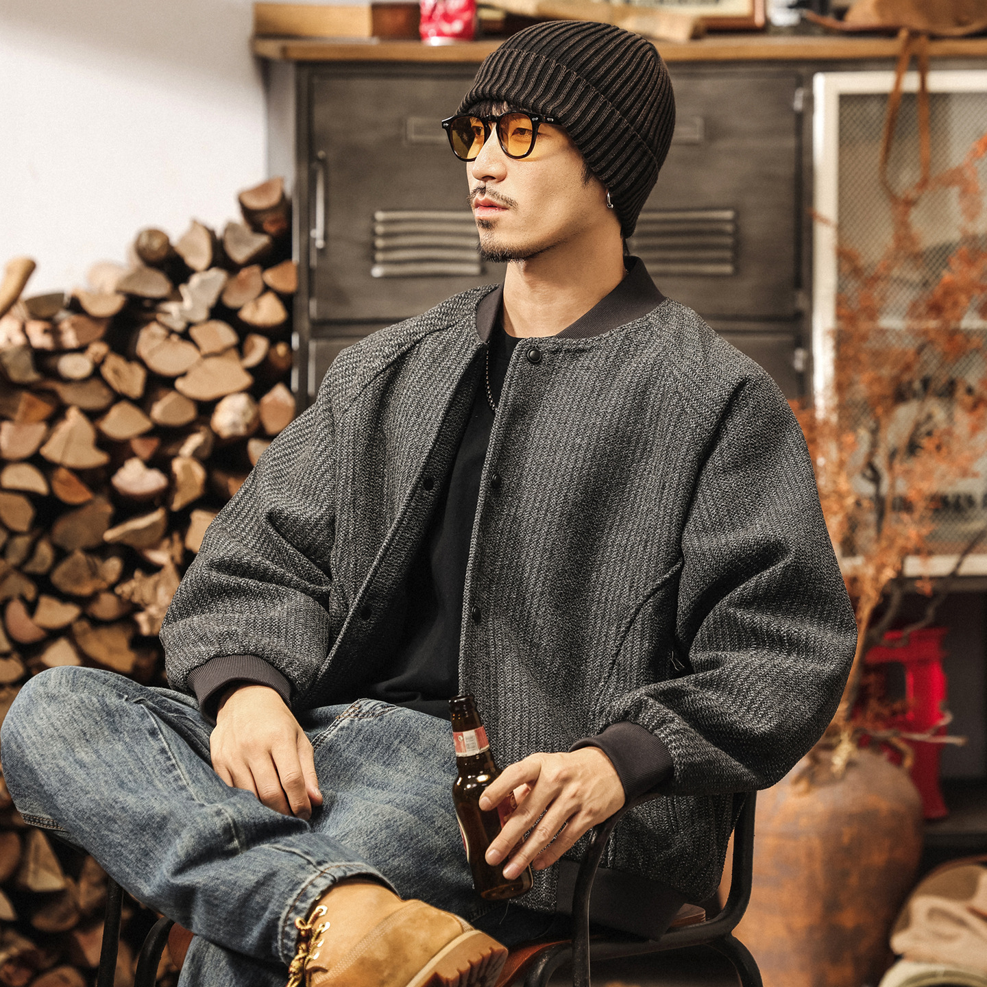 美式復古重磅棒球服外套男春秋寬鬆潮牌男士秋冬款花紗老錢風夾克