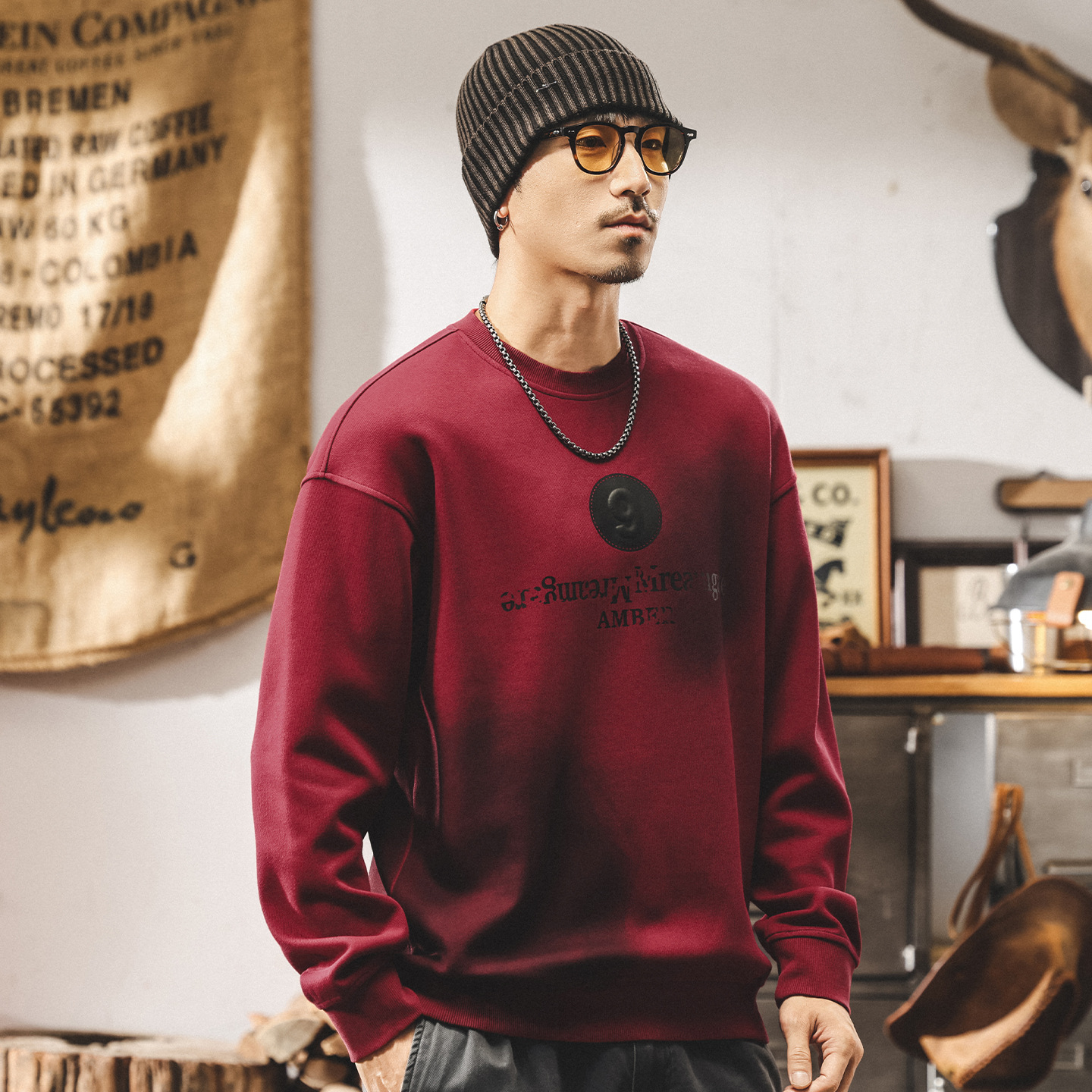 安可拉紅美式重磅衛衣男春秋2025新款潮牌髒染水洗寬鬆休閒上衣男