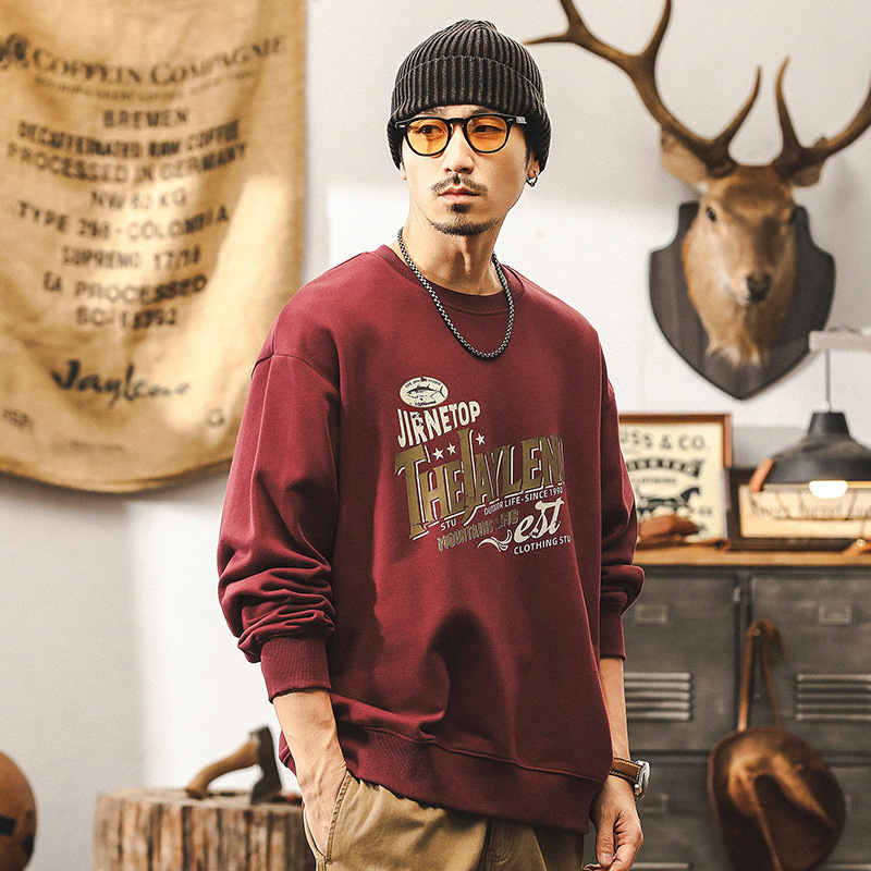 杰雷諾美式復古紅色重磅衛衣男2024新款潮流印花男士秋季寬鬆上衣