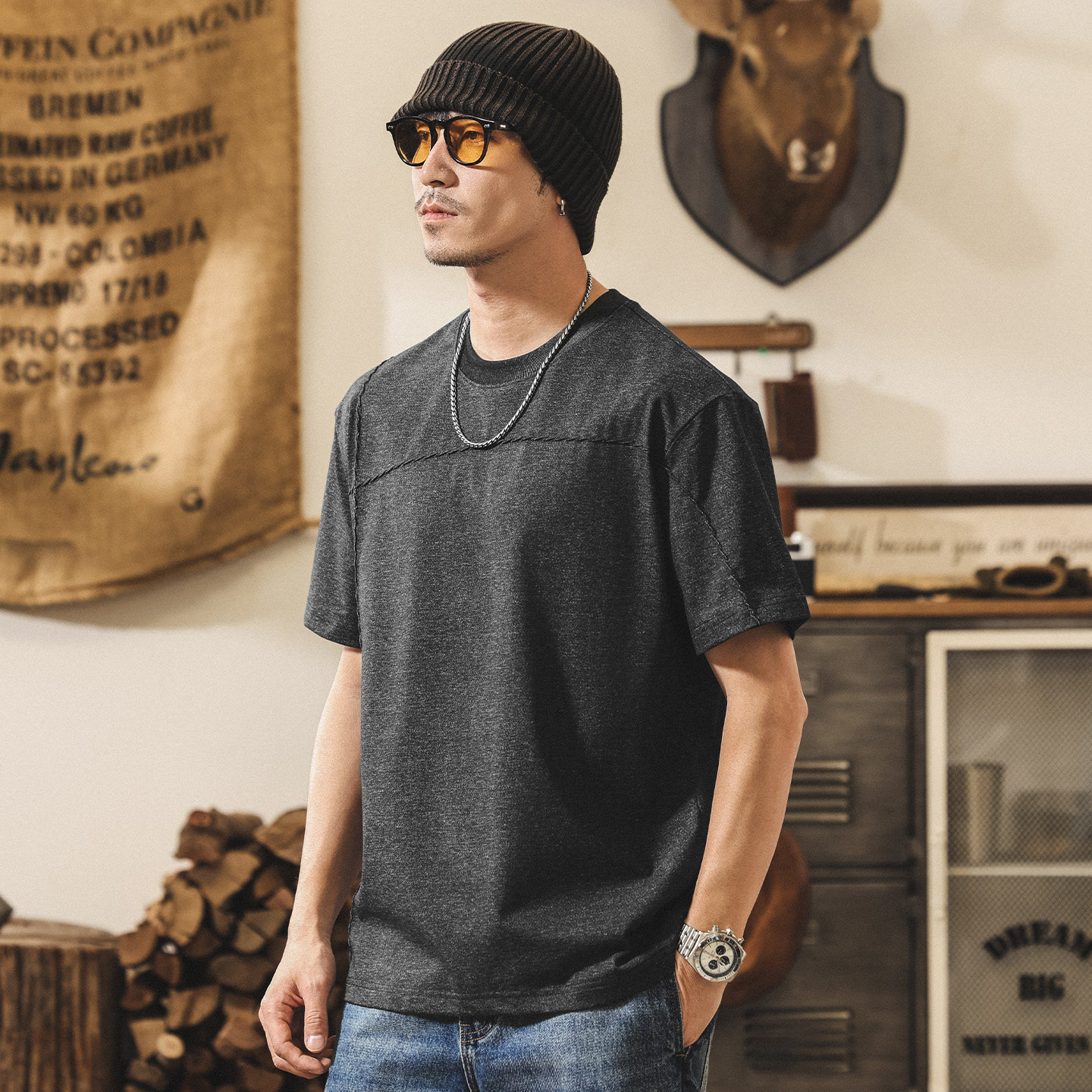 美式復古紡鹽棉短袖男士T恤夏季潮牌男裝半袖新款寬鬆休閒上衣男