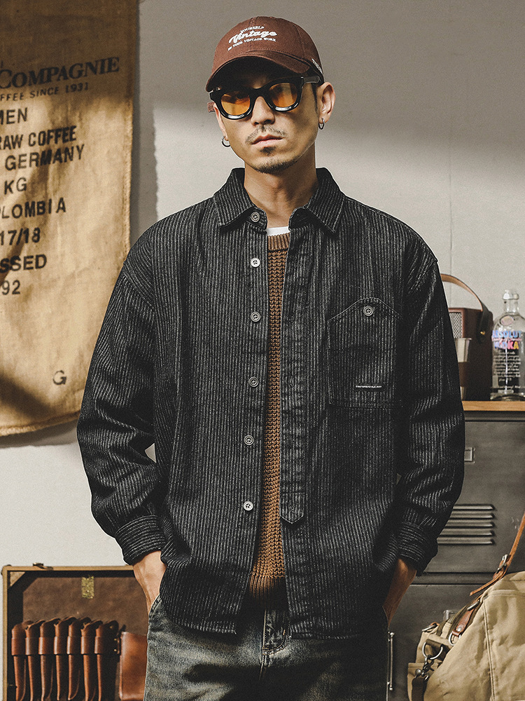 杰雷諾320g重磅條紋工裝襯衫男長袖春秋厚款美式休閒寬鬆古著襯衣