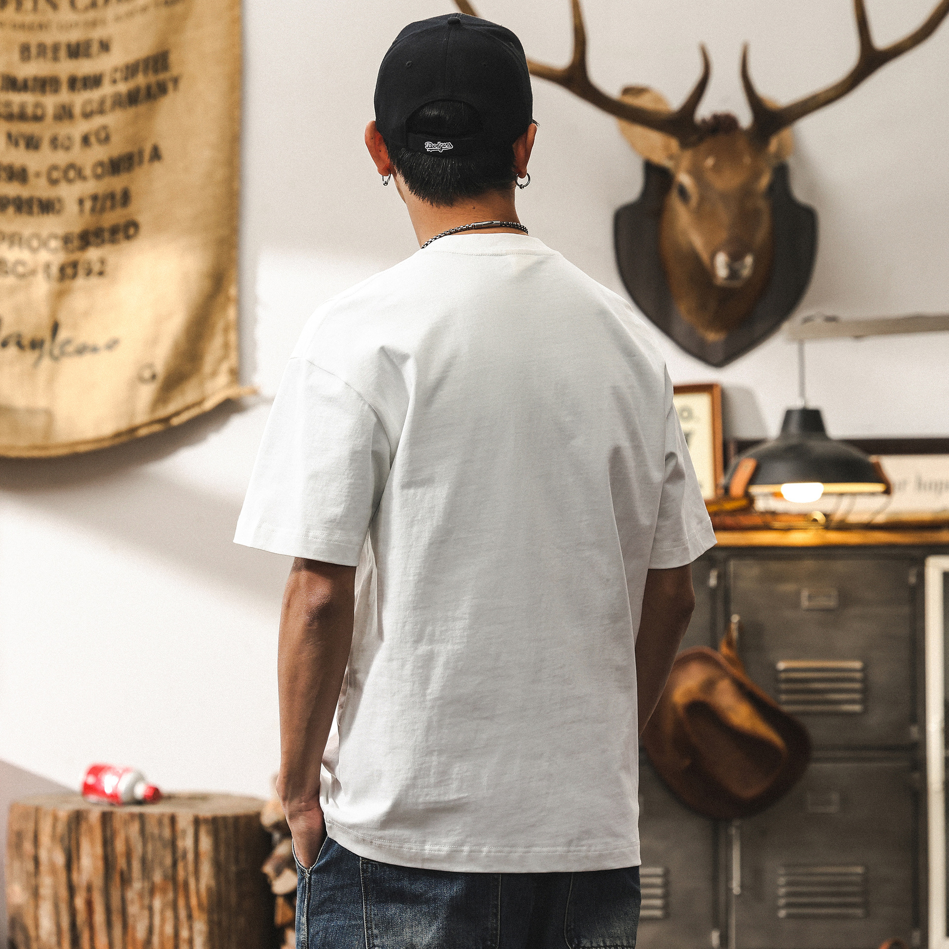 美式復古T恤短袖男款夏季280g重磅潮牌拼接寬鬆大碼上衣男裝