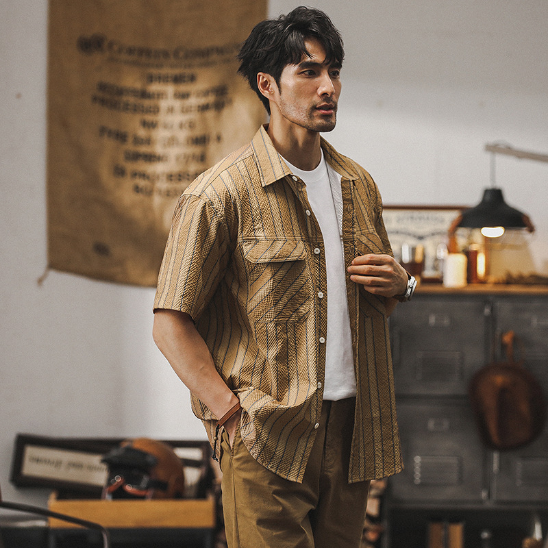 杰雷諾美式潮牌短袖襯衫男士條紋寬鬆夏季夏威夷休閒工裝襯衣男裝