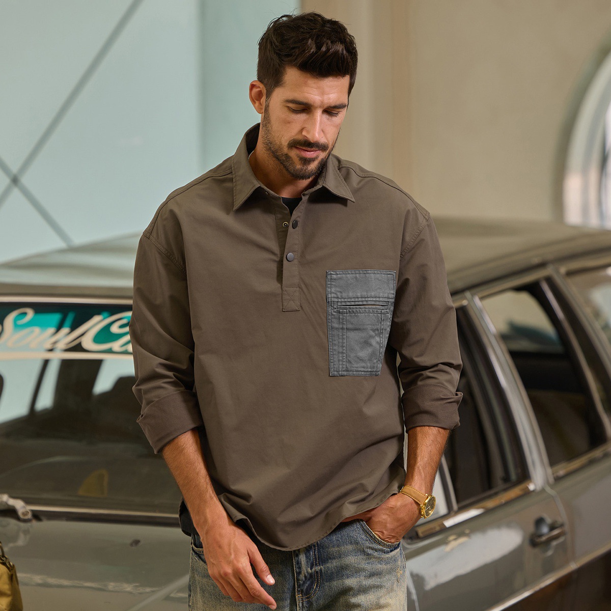 美式重磅復古工裝襯衫男春季2026新款T恤男士長袖上衣寬鬆POLO衫