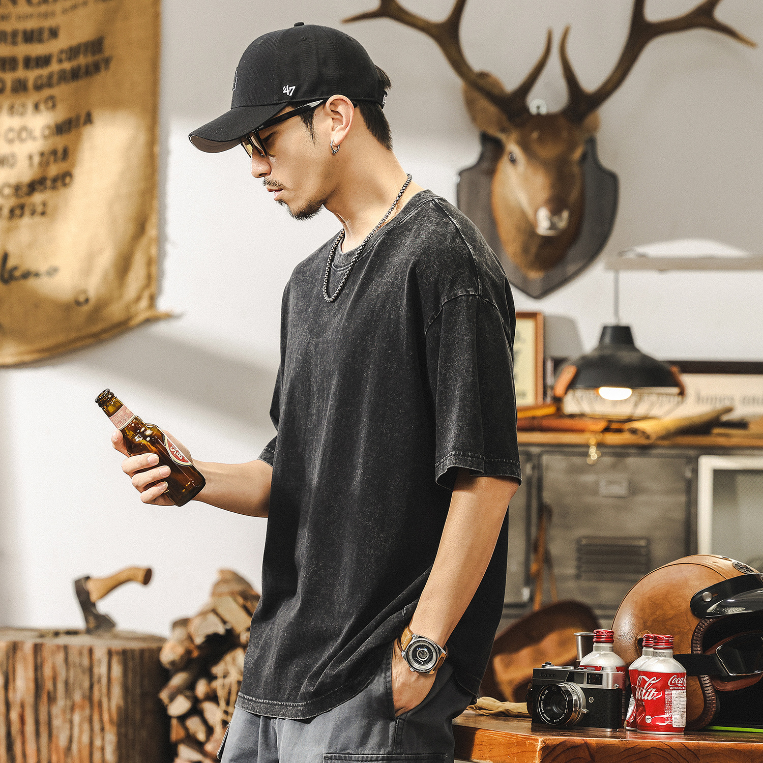 美式復古做舊炒雪花水洗短袖T恤男夏季潮牌日系寬鬆休閒上衣