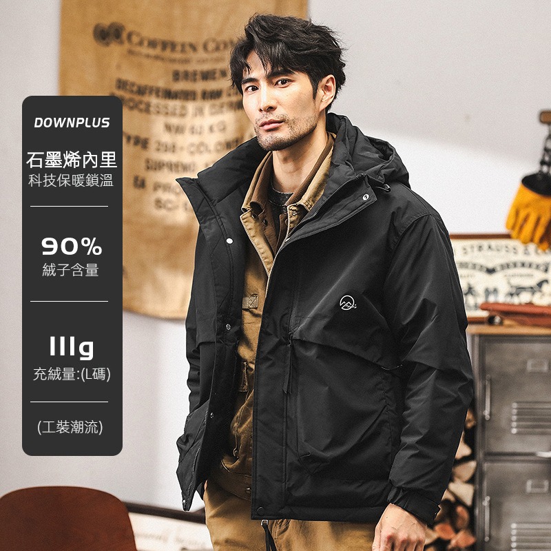 美式復古90灰鴨絨工裝羽絨服男冬季2024新款戶外連帽外套男秋冬款