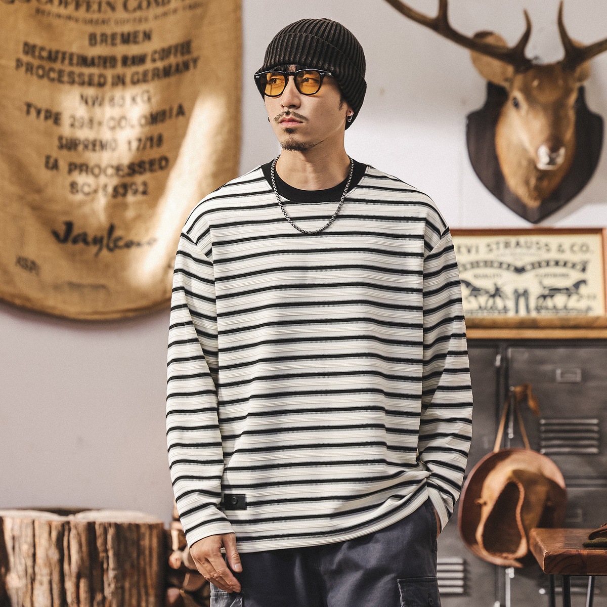 美式復古280g重磅長袖t恤男秋季新款寬鬆潮牌條紋海魂衫男裝上衣