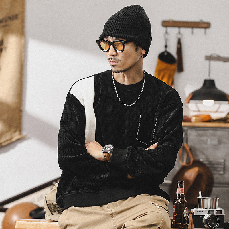 美式重磅華夫格衛衣男春秋款潮牌高級感拼接撞色寬松休閑男士上衣