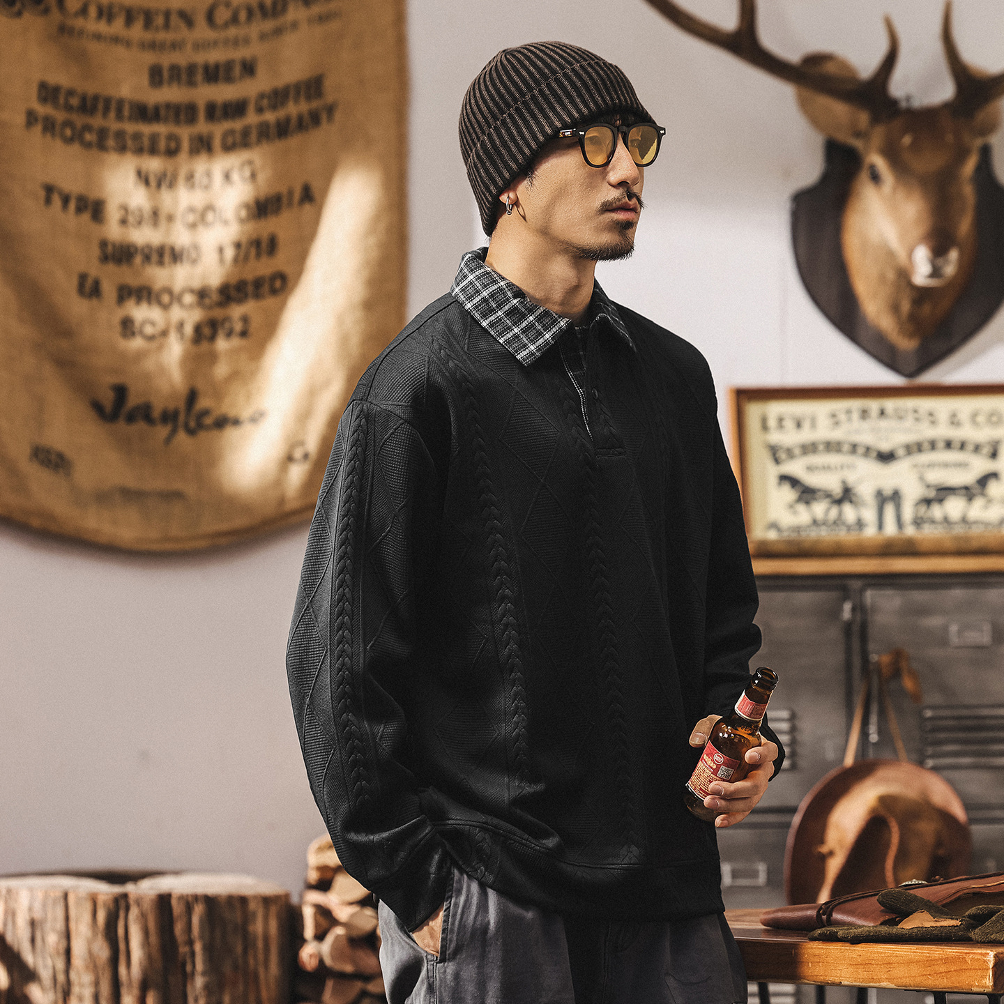 美式復古假兩件重磅衛衣男春秋2025新款寬鬆針織提花男士Polo衫潮