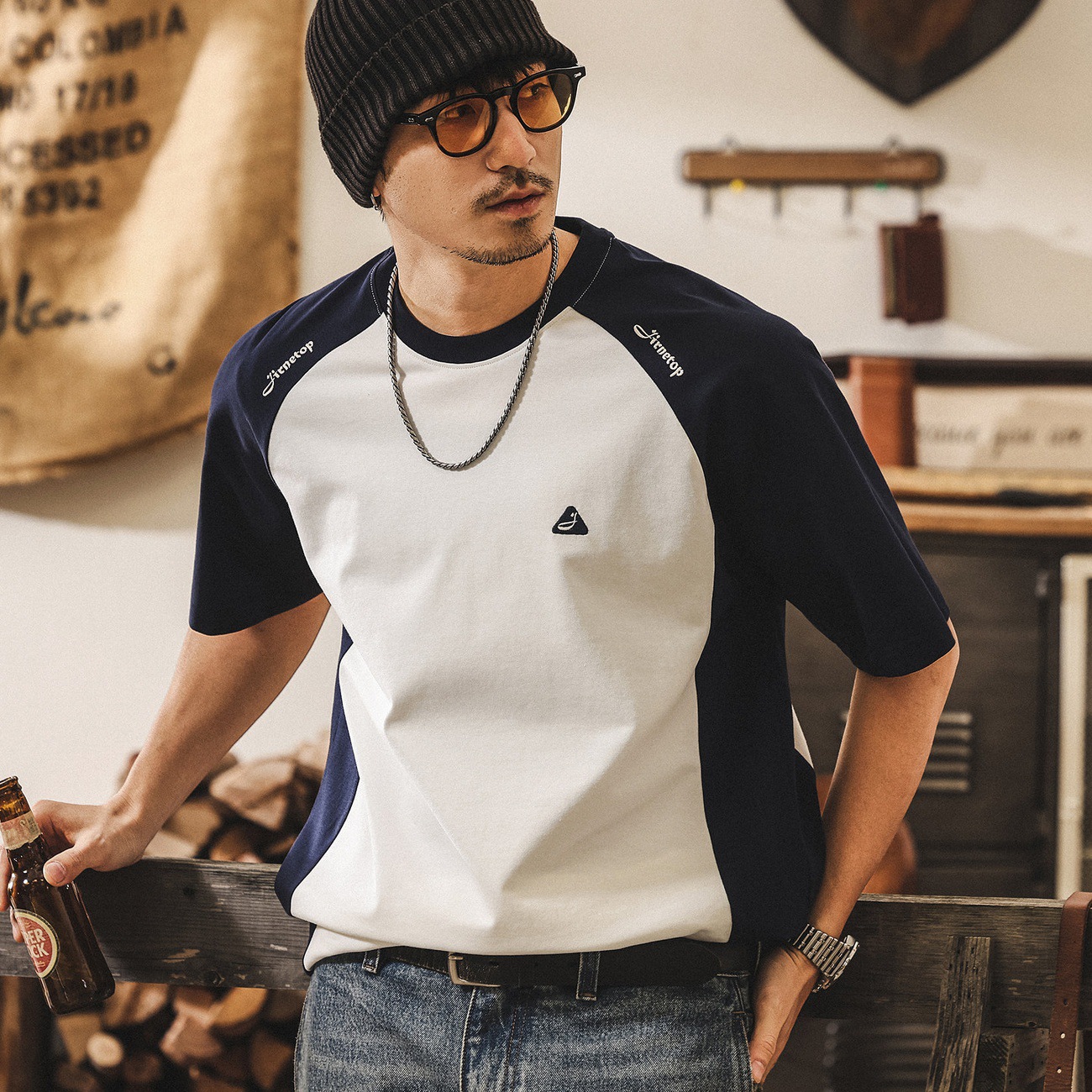 美式復古潮牌男士短袖T恤夏季新款潮流插肩袖拼接寬鬆半袖上衣男