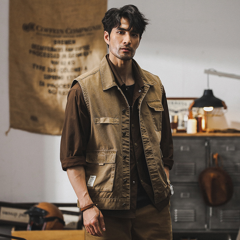 男士外套2024新款美式復古潮牌硬漢獵裝戶外釣魚馬甲短款工裝夾克