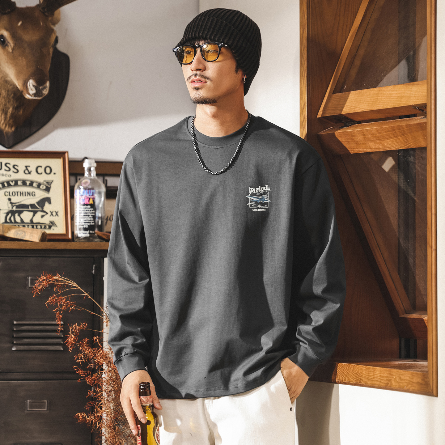 美式復古重磅長袖t恤男寬鬆大碼秋季男裝潮牌漫畫印花男生上衣潮T