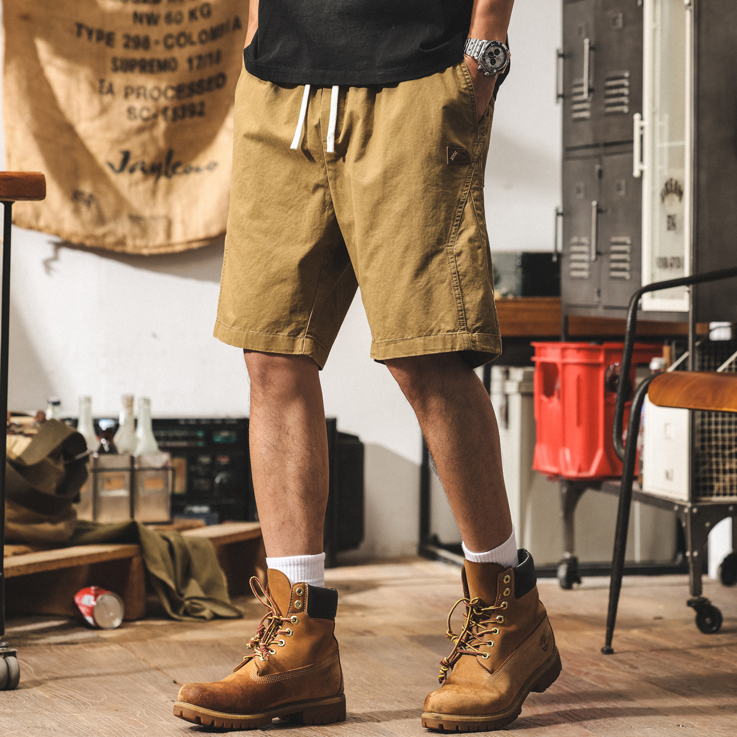 美式復古卡其色短褲男夏季新款透氣五分褲男士寬鬆休閒沙灘褲男褲