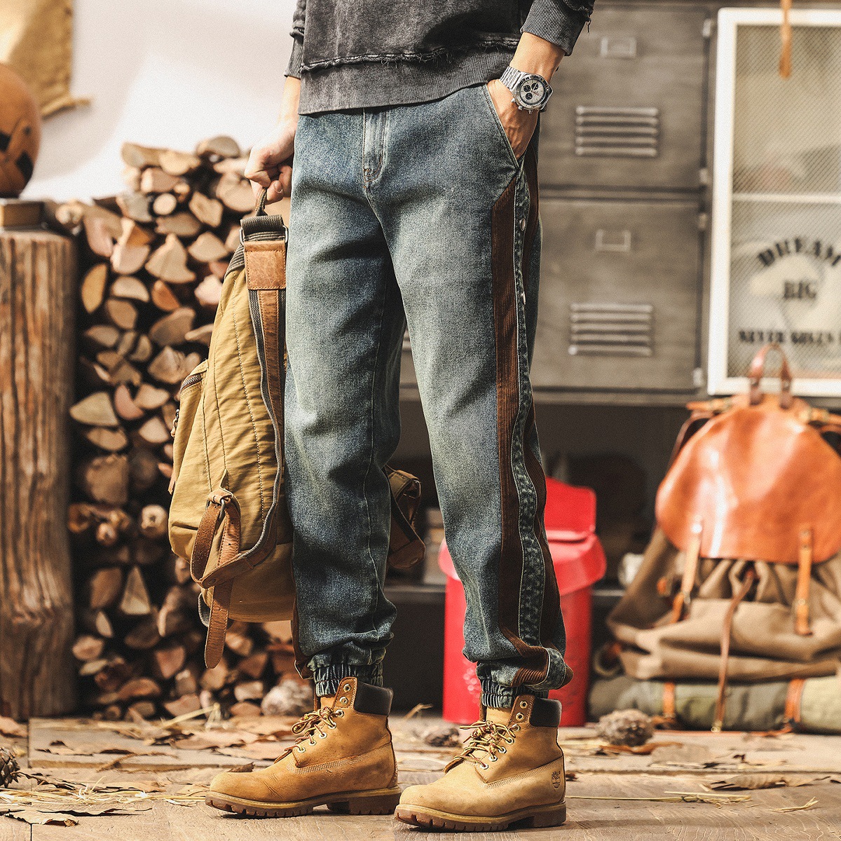 美式復古做舊水洗黑色牛仔褲男秋季2025新款潮牌束腳工裝休閒褲子