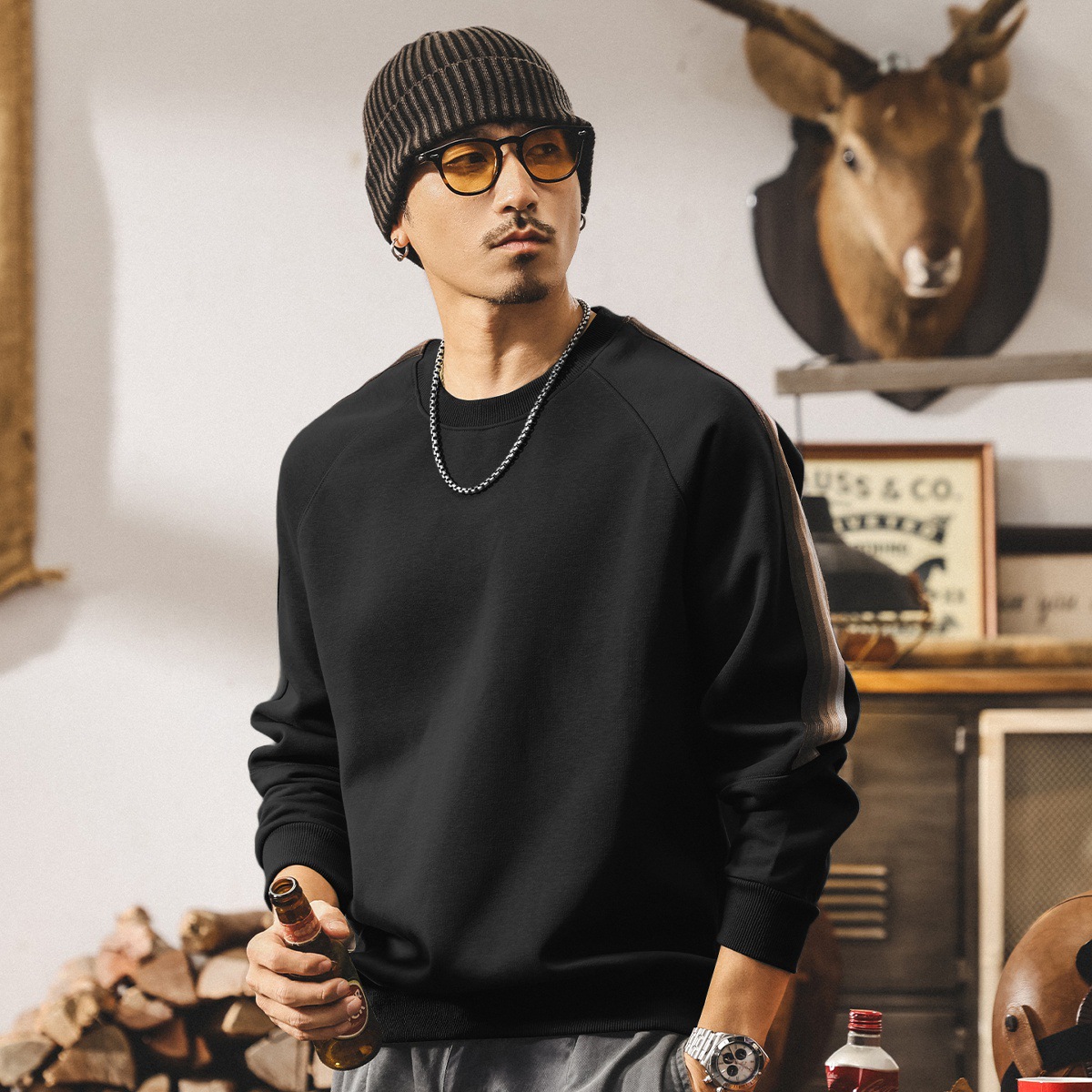 美式復古橄欖綠重磅衛衣男春秋2025新款潮流男士t恤長袖寬鬆上衣