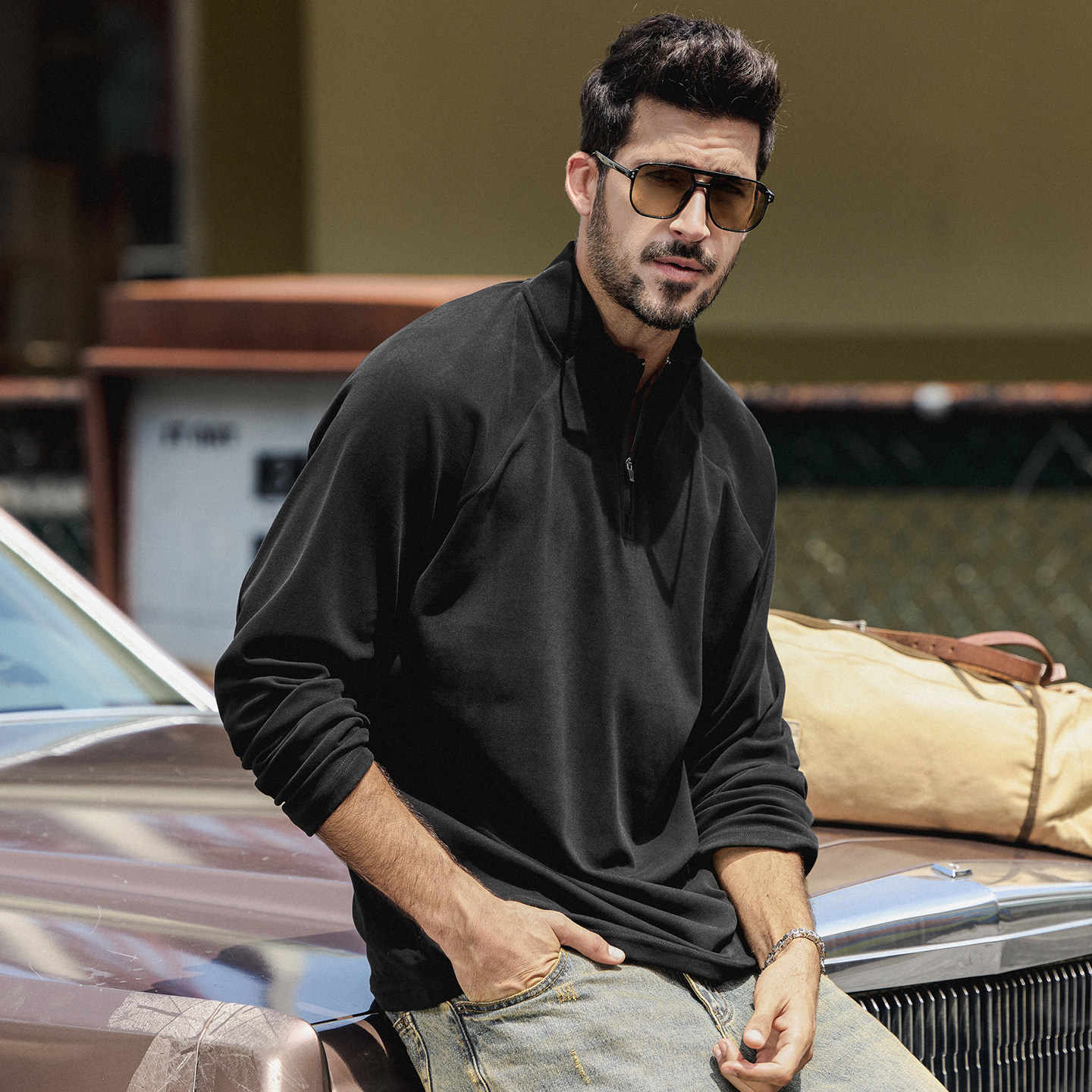 美式復古重磅T恤男春季新款拉鍊半高領衛衣男寬鬆打底衫長袖上衣