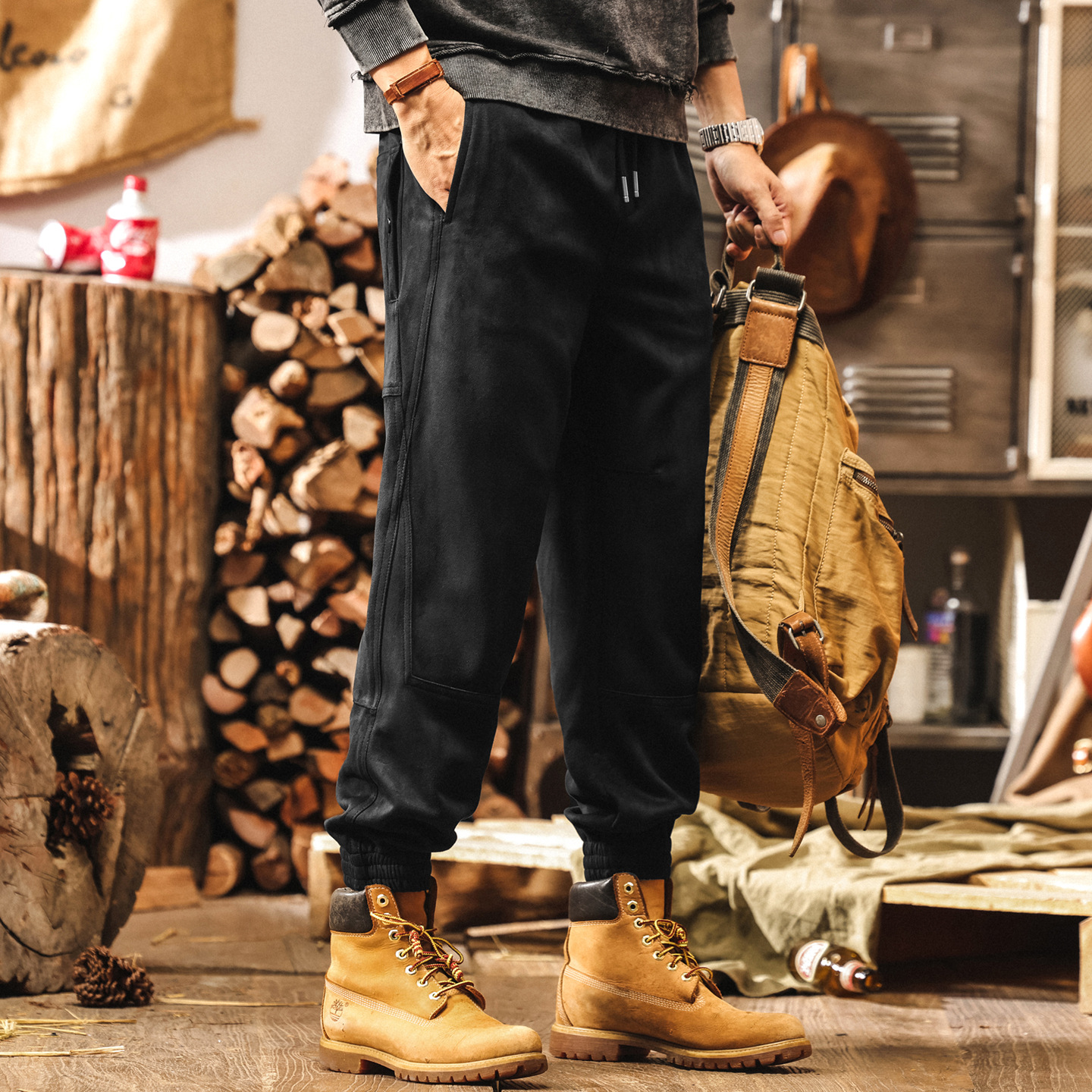 美式復古高級感麂皮絨褲子男秋季2025新款工裝設計感男士休閒褲潮