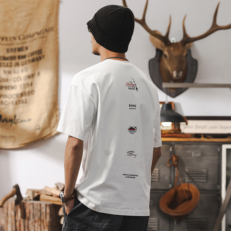 夏季薄款短袖男T恤2025新款潮牌美式戶外釣魚趣味寬鬆上衣男T男裝