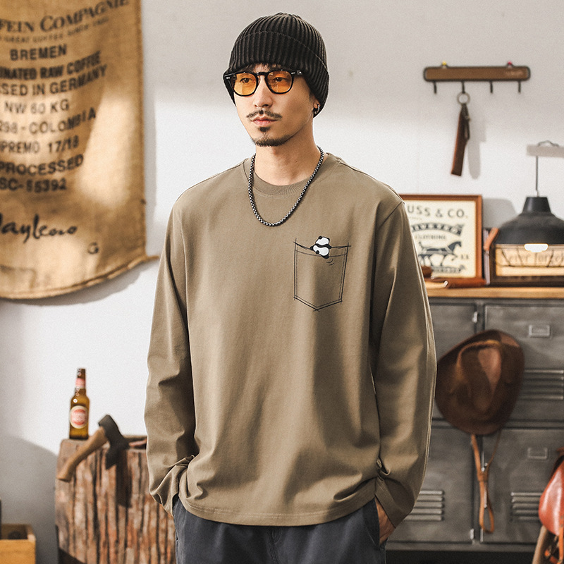 美式潮牌重磅T恤男長袖秋季寬鬆萌趣熊貓印花上衣簡約打底衫