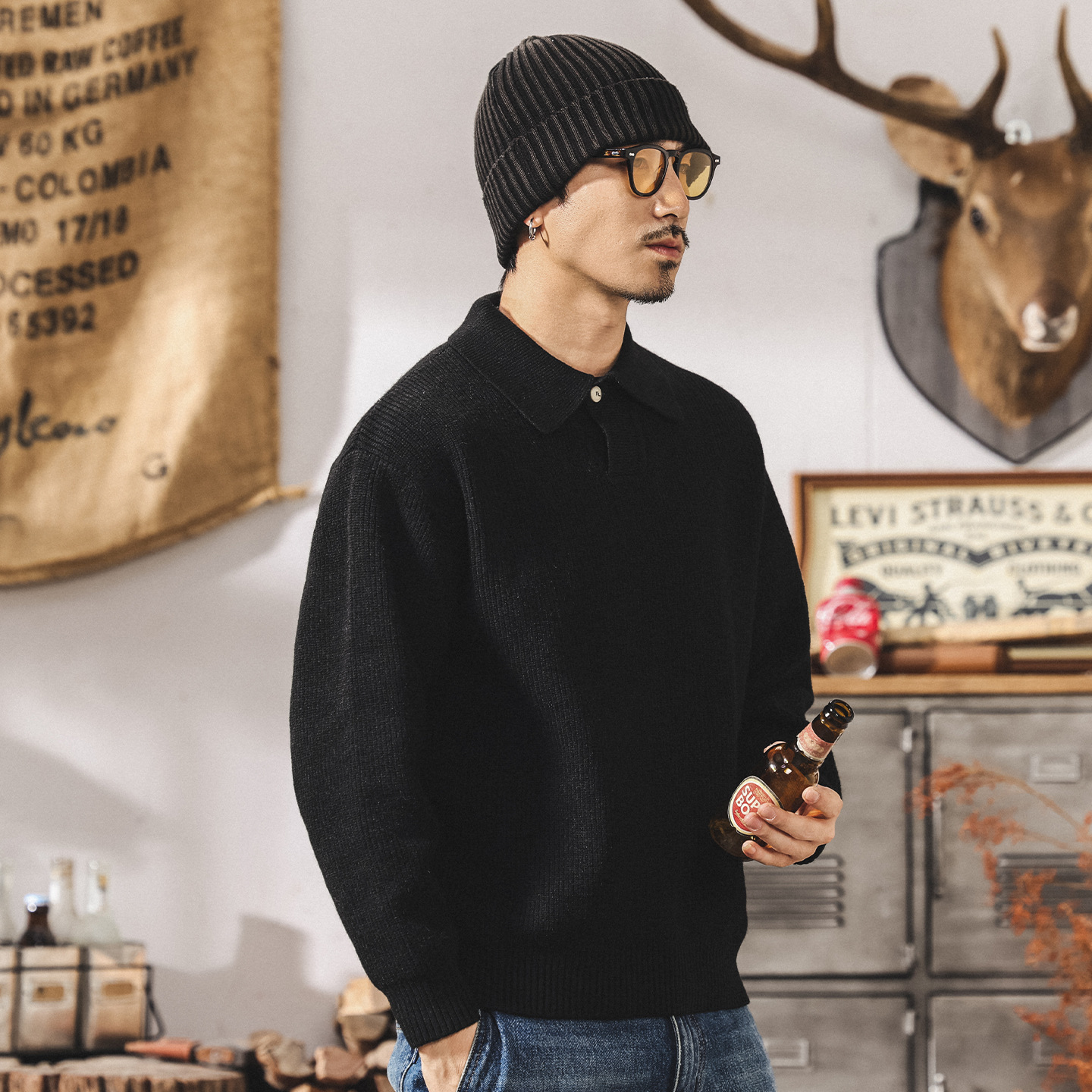 美式復古Polo馬球領毛衣男秋冬新款輕熟寬鬆毛線衣休閒男士針織衫