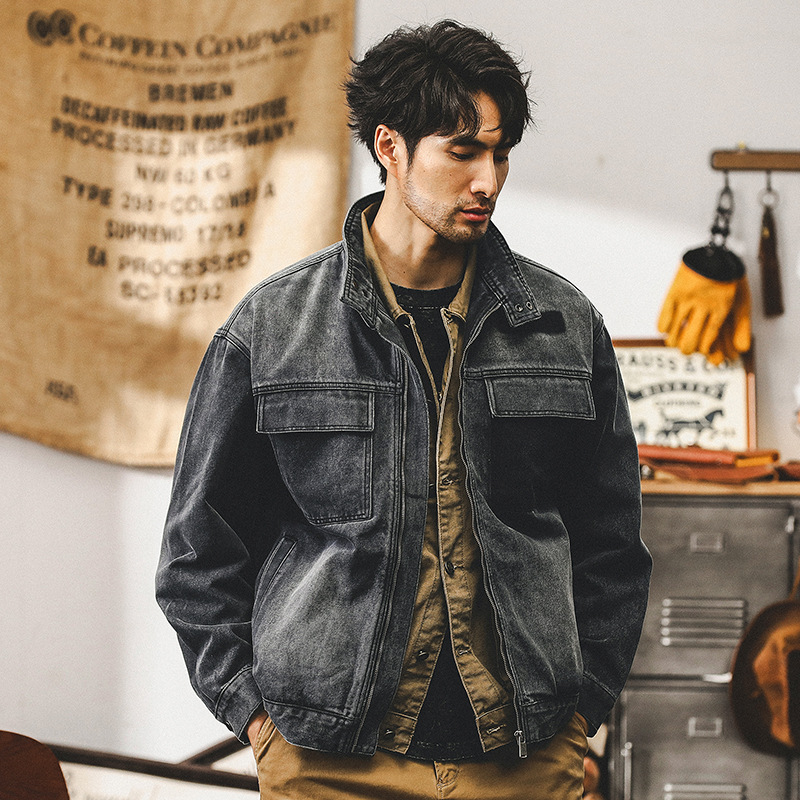 美式重磅複古牛仔外套男秋季2024新款潮牌水洗帥氣機車工裝夾克男
