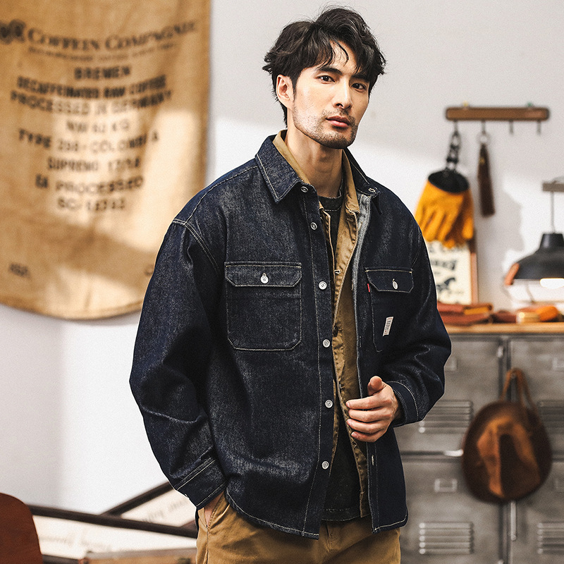 美式經典復古丹寧原色水洗牛仔外套男春秋款寬鬆休閒工裝襯衫夾克
