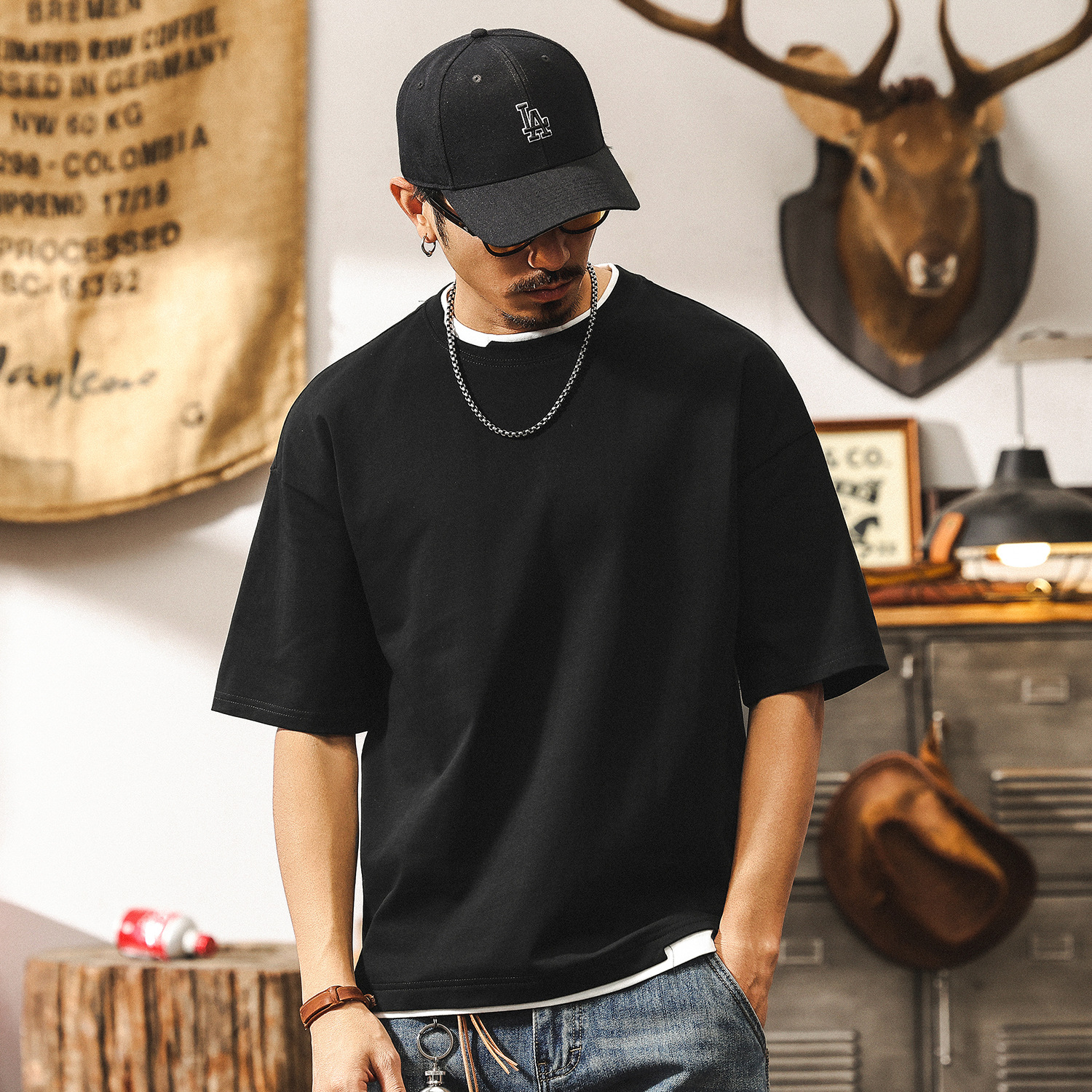 雙紗爽滑棉重磅假兩件T恤男短袖夏季潮牌設計感半截袖美式衣服男